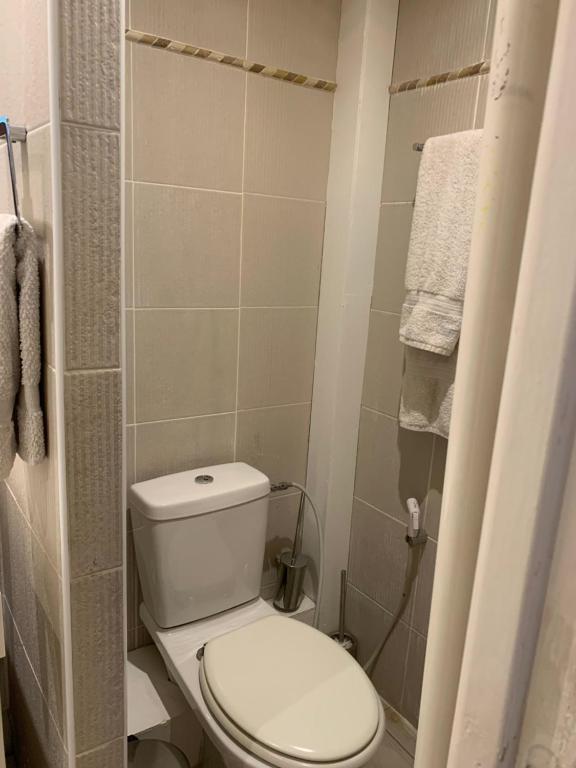 a small bathroom with a white toilet and towels at Appartement Artois in Paris