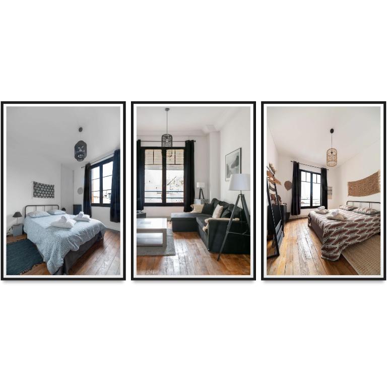 4 fotos de una sala de estar y un dormitorio en Résidence Le Paris - Appartements centre ville, en Vichy