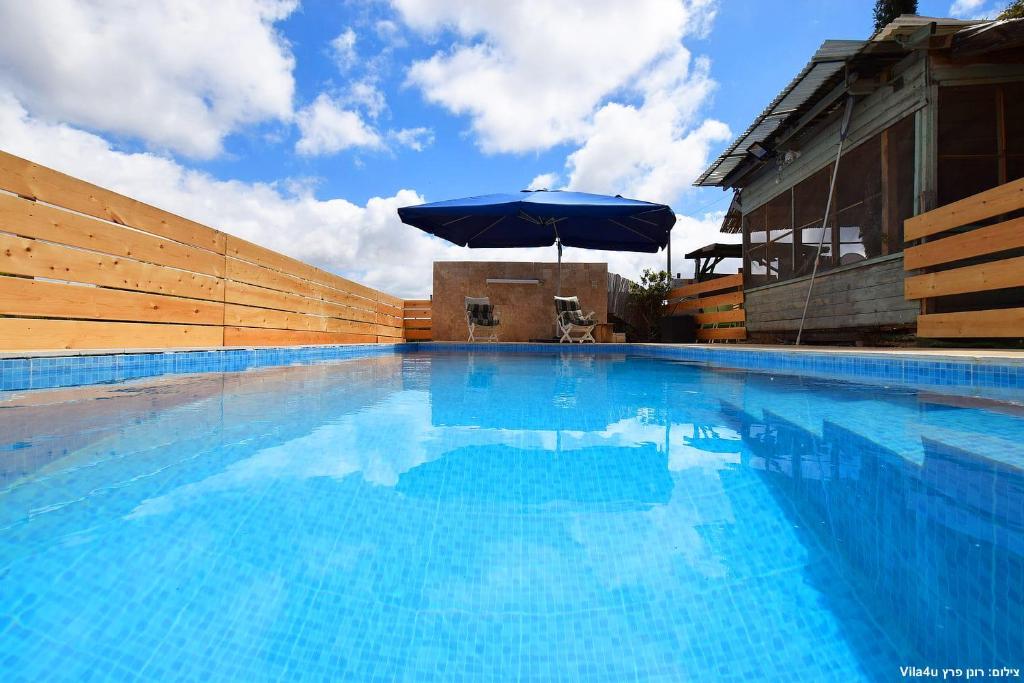 una grande piscina con ombrellone blu di SHIR HACHORESh a Shomera