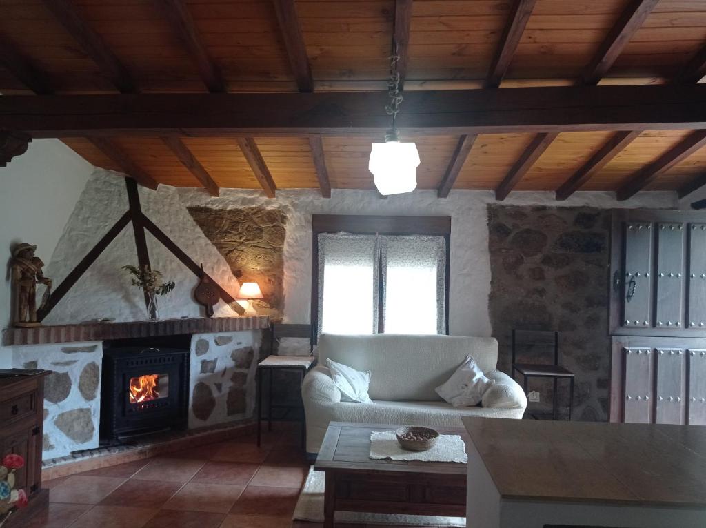 Casa Rural El Turuterro في Cepeda: غرفة معيشة مع أريكة ومدفأة