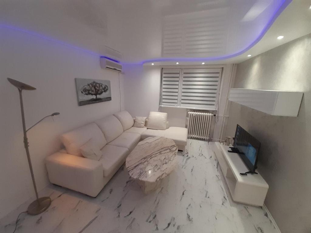 ein Wohnzimmer mit einem weißen Sofa und einem TV in der Unterkunft Viktorija 1 in Čukarica
