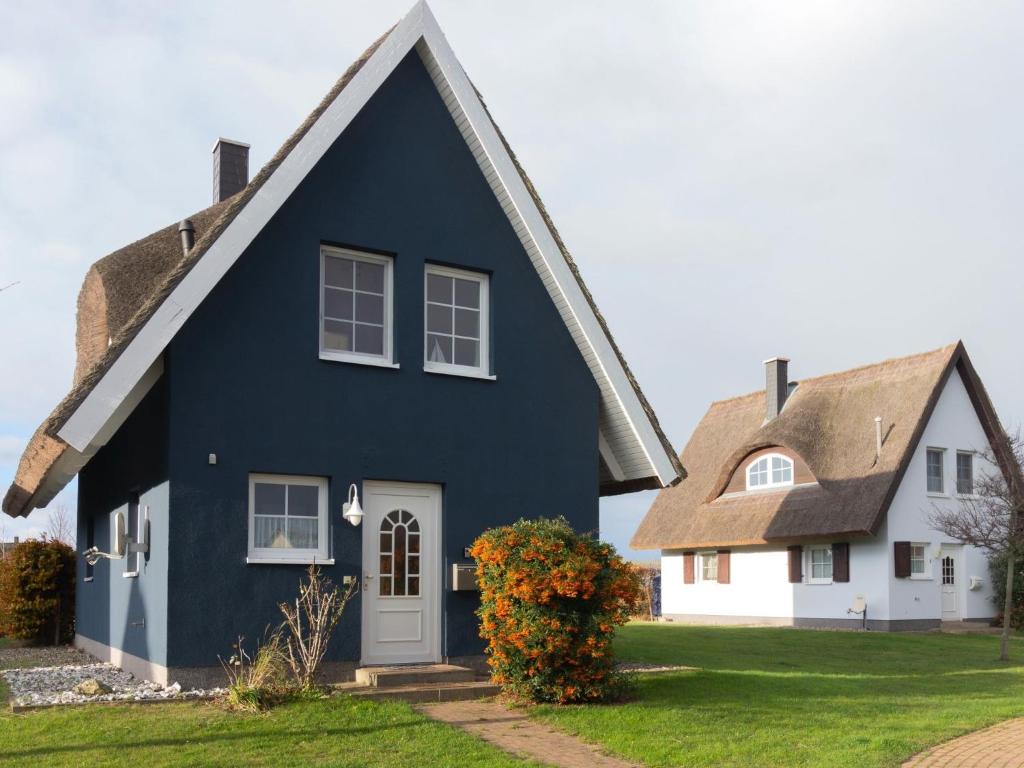 una casa azul y una casa blanca en Ferienhaus To Hus en Vieregge