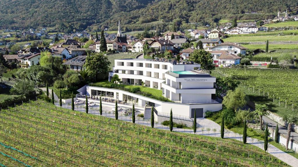ein Haus auf einem Hügel mit einem Weinberg in der Unterkunft Villa Weingarten in Kaltern