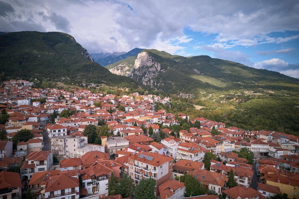 uma vista para uma cidade com montanhas ao fundo em Olympus Mediterranean Boutique Hotel em Litochoro