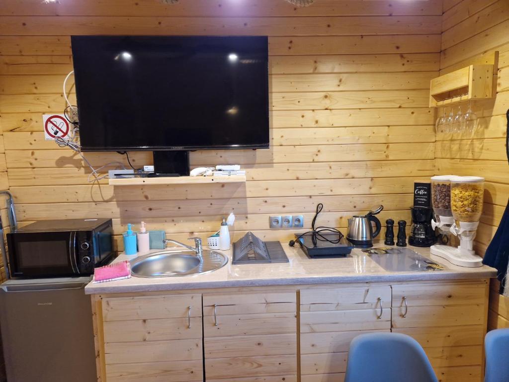 Kuchyňa alebo kuchynka v ubytovaní Apartament z Tężnią Solankową, Sauną, Kominkiem LED i Śniadaniem nad Jeziorem Żywieckim