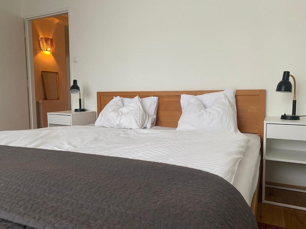 ウィーンにあるPremarental Apartement 2のベッドルーム1室(大型ベッド1台、白いシーツ、枕付)