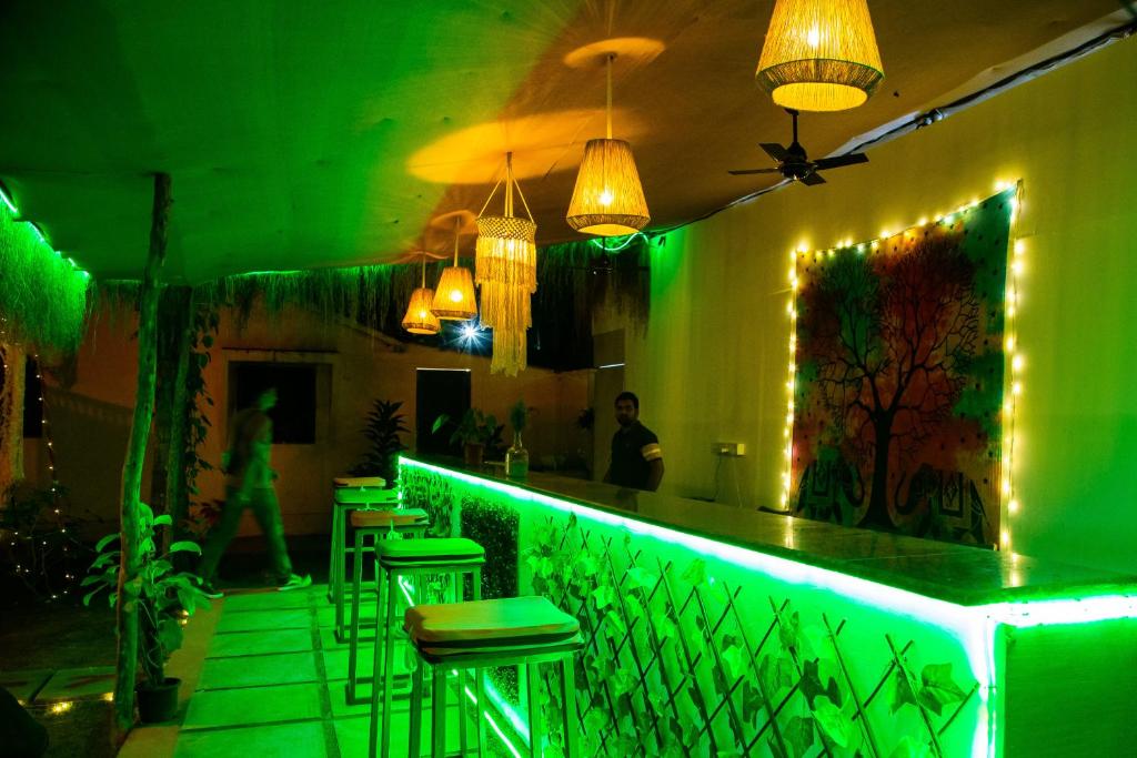 a green bar with stools and lights at BunkNBrew in Palolem