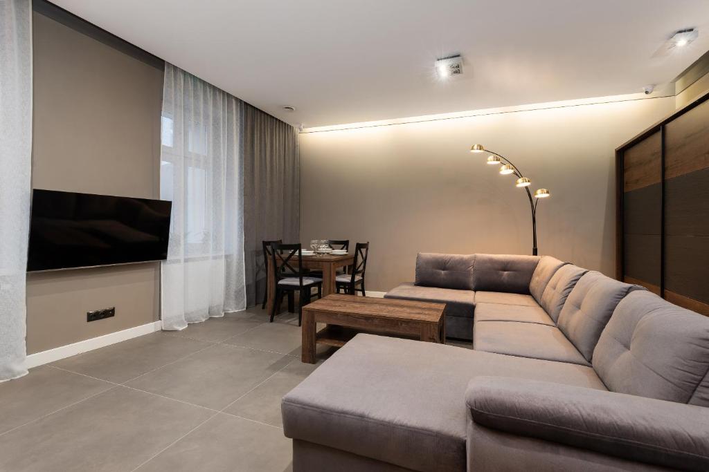 Televízia a/alebo spoločenská miestnosť v ubytovaní Apartament PLATYNOWY - Centrum Gliwic z parkingiem