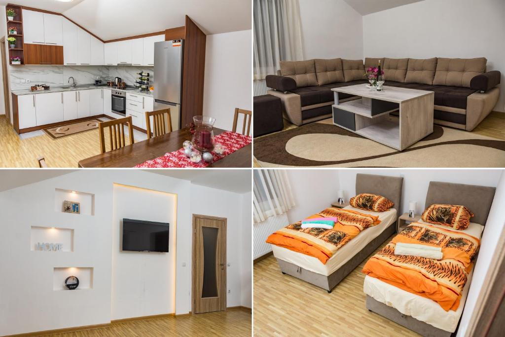 drie verschillende foto's van een woonkamer en een slaapkamer bij Apartman Lazar in Pale