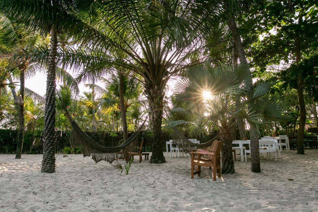 a beach with hammocks and tables and palm trees at Muita Paz Rooms in Atins
