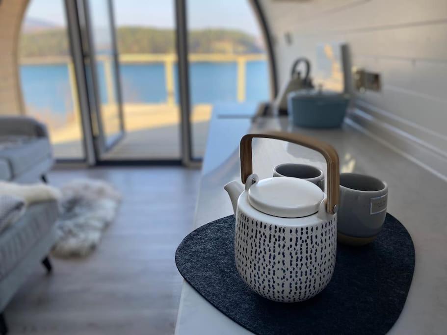 Sunset Cabin- glass frontage luxury couples cabin. في شيلدايغ: غلاية الشاي الجلوس على كاونتر في المطبخ