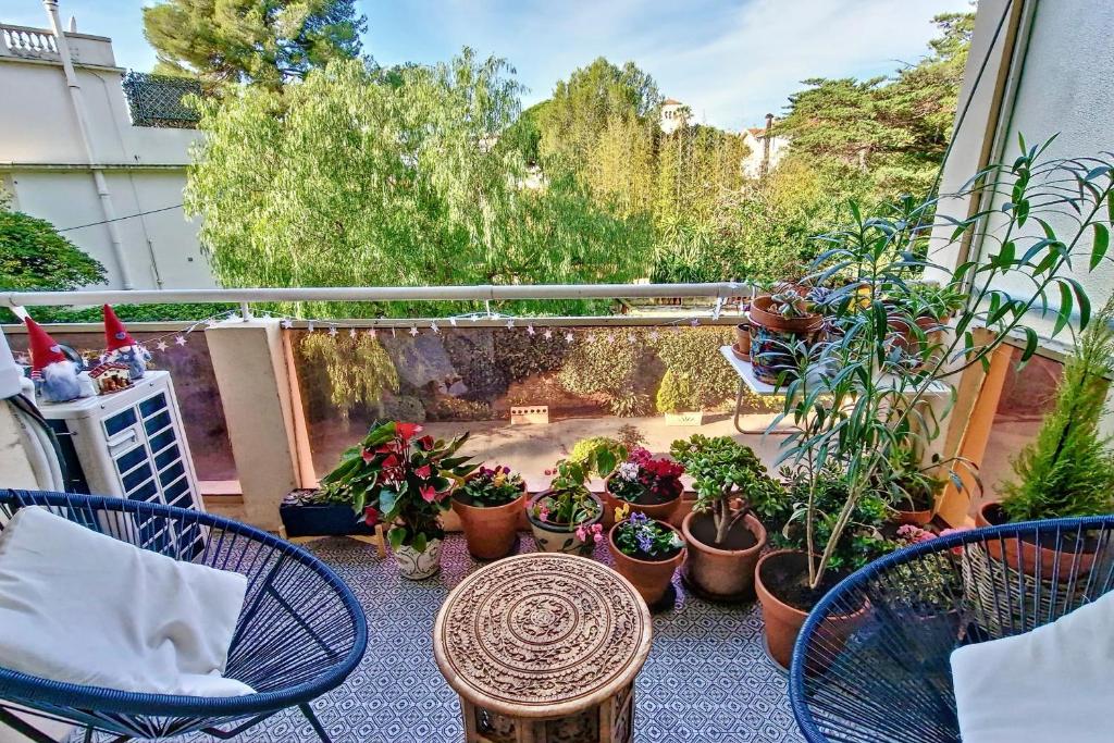 un patio con un mucchio di piante in vaso di HENRI CAMILLE REAL ESTATE - ALEXANDRA - 2 bedrooms a Cannes