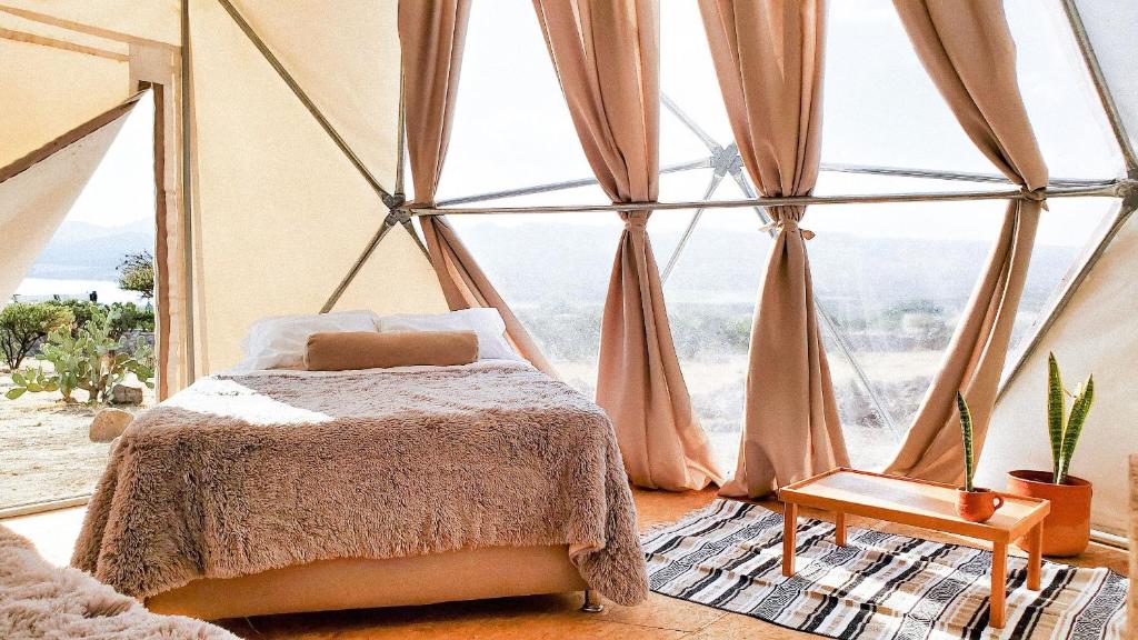 sypialnia z łóżkiem i dużym oknem w obiekcie Mars Glam Camp w mieście Aguascalientes