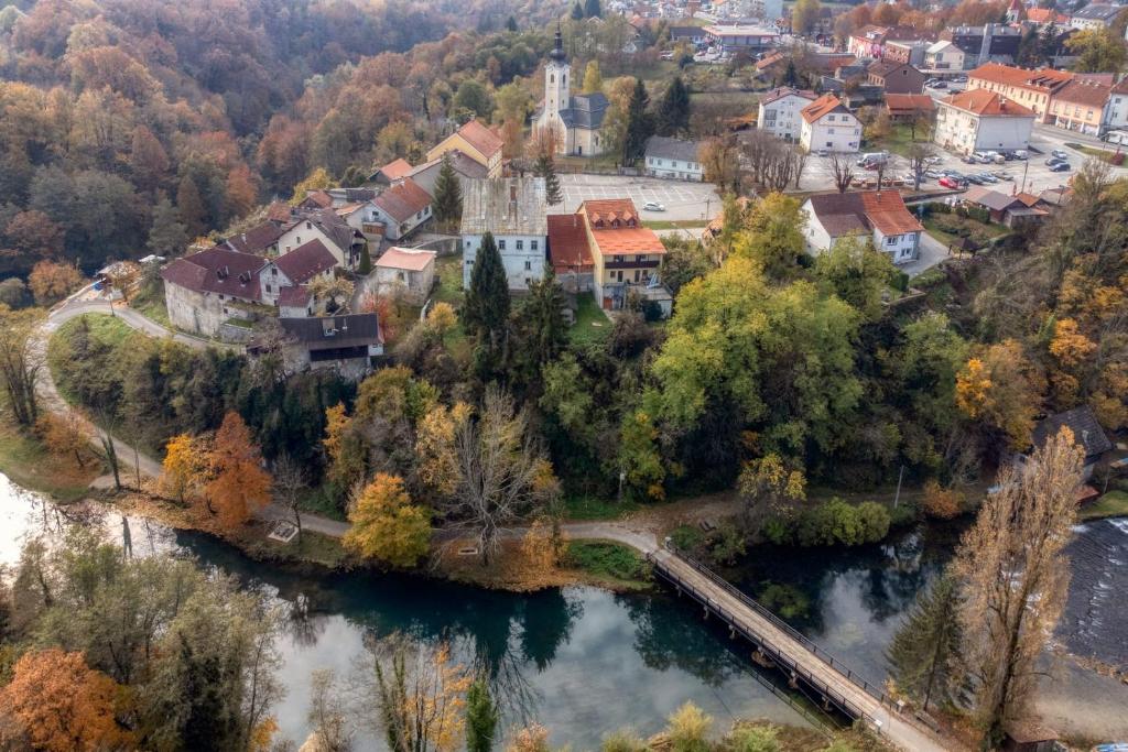 an aerial view of a house on a river at Apartment Stone and Wood in Cetingrad
