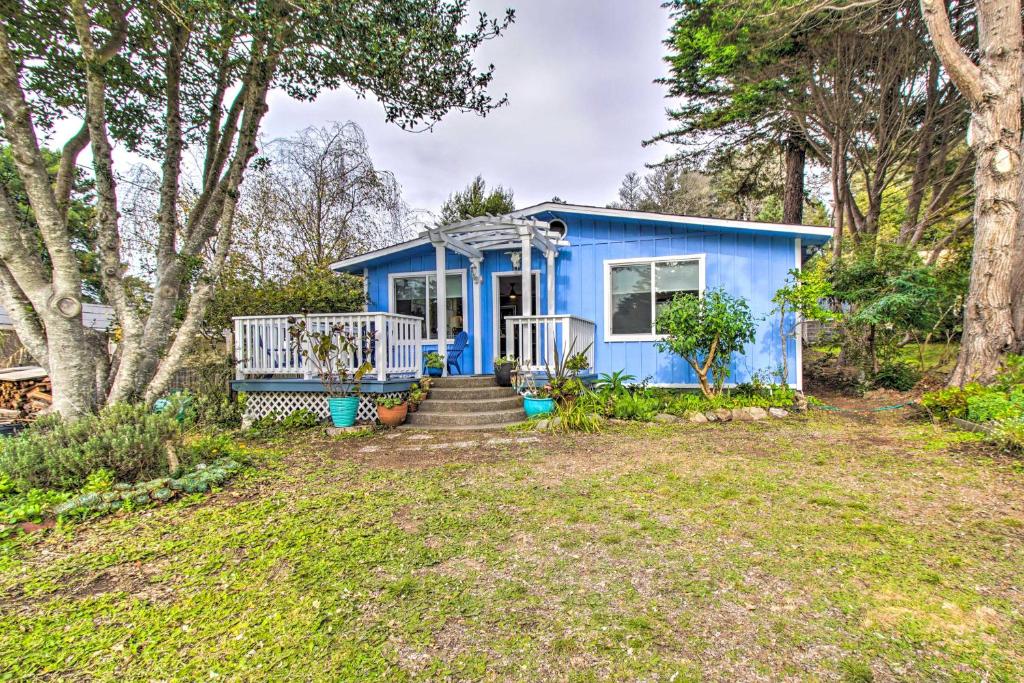 a blue tiny house in a yard at Fort Bragg Home, Close to Laguna Point Beach! in Fort Bragg