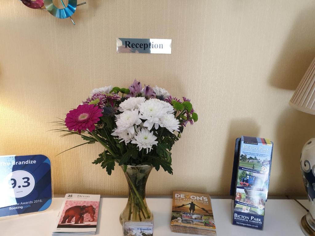 un vase de fleurs assis sur une table avec des livres dans l'établissement The Brandize Guest House, à Torquay