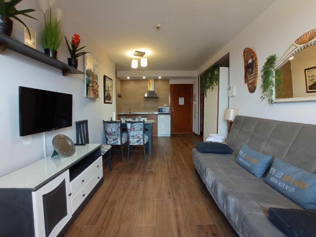 een woonkamer met een grijze bank en een televisie bij Apartamento superior monte oiz in Sierra Nevada