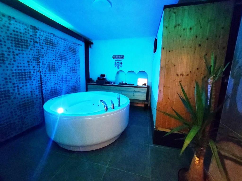 a bath tub in a bathroom with a blue light at Wellness House Slatina Spa in Slatina Varoš