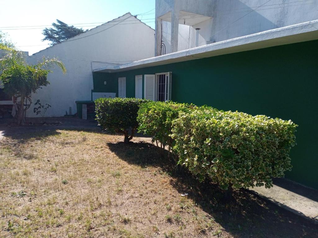una pared verde con arbustos junto a un edificio en Casa tres ambientes con jardín y estacionamiento en Mar de Ajó