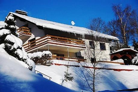 a house covered in snow with at Ferienwohnungen Willingen Wald in Willingen