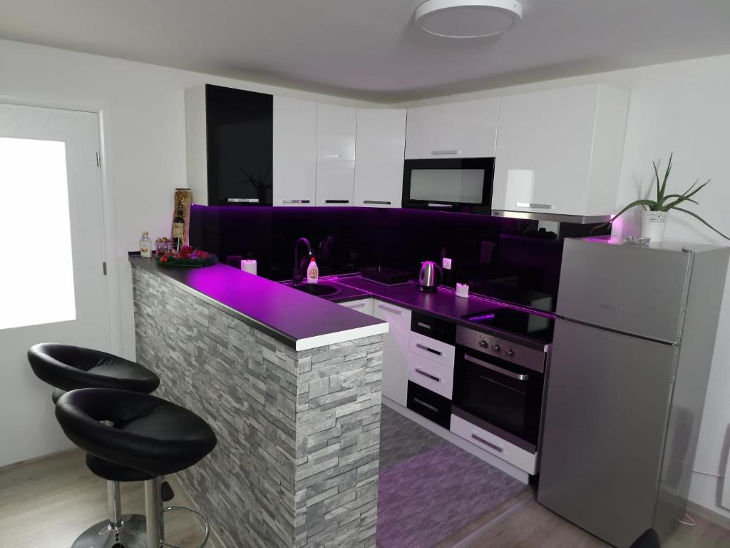 cocina con encimera púrpura y nevera en Apartment Djurdjic, en Pale