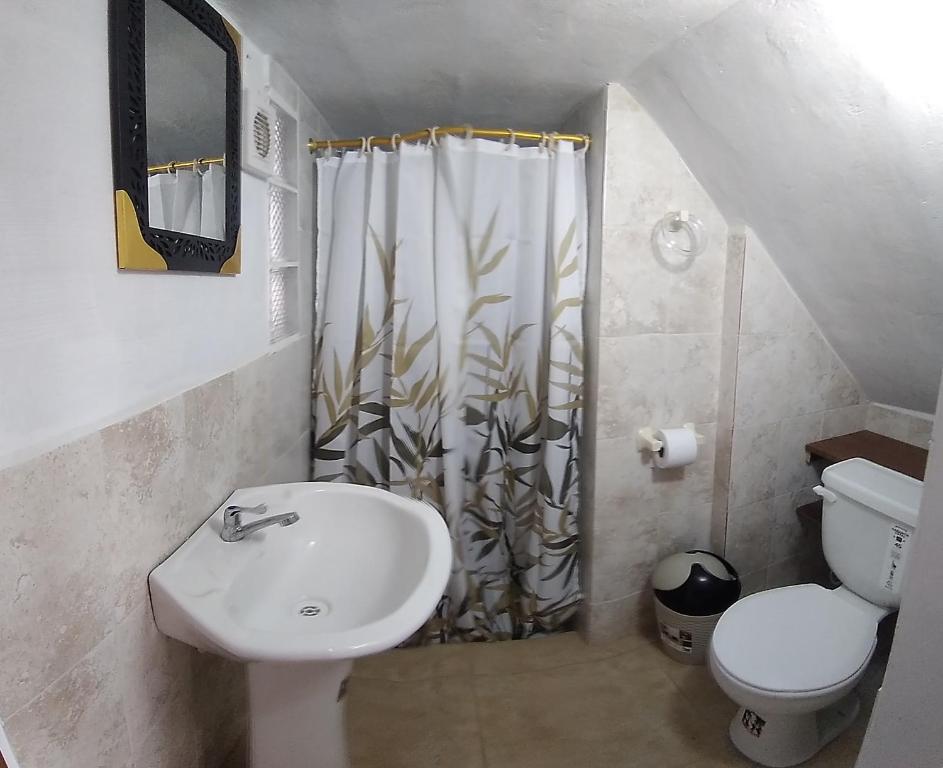 baño con lavabo y cortina de ducha en MANGLARALTO BEACH SUITE'S, en Montañita