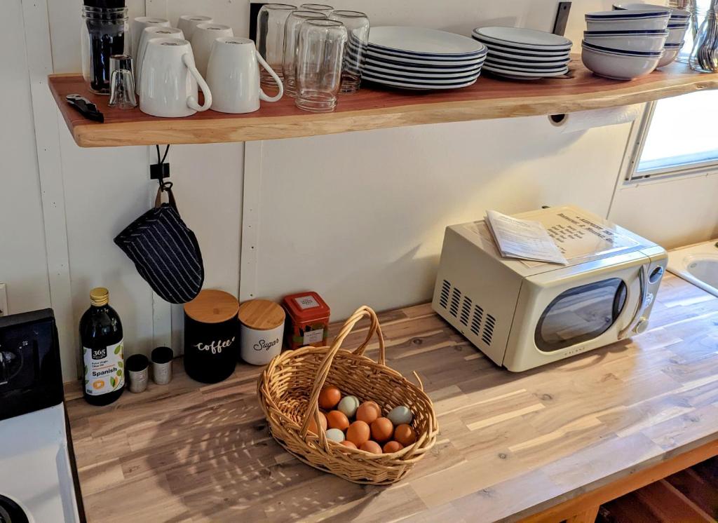 blat kuchenny z kuchenką mikrofalową i koszem jajek w obiekcie Fireside Camp + Lodge 