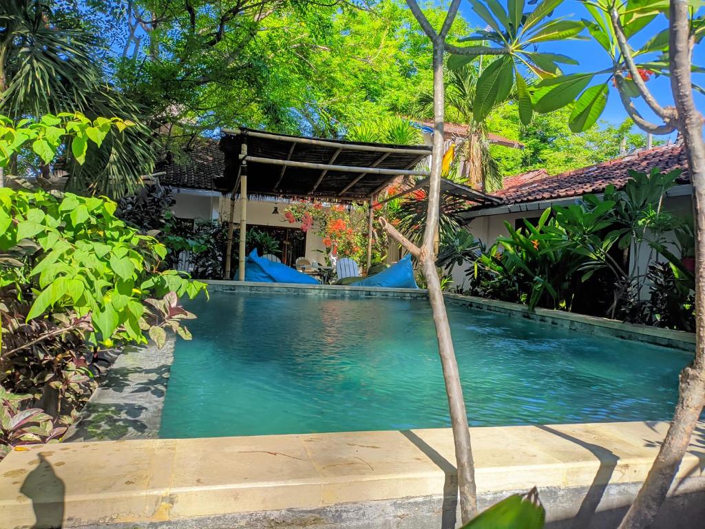 a swimming pool in front of a house with trees at Dream Hotel in Gili Trawangan