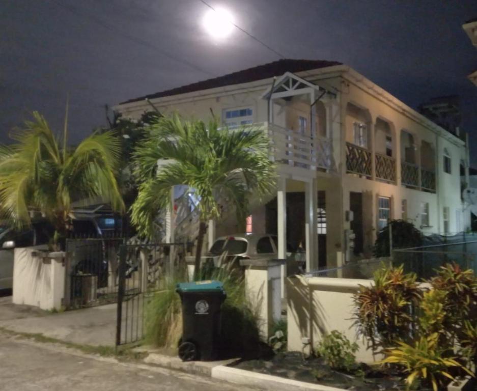 a house with palm trees in front of it at night at Nicolodge Apartments in Christ Church