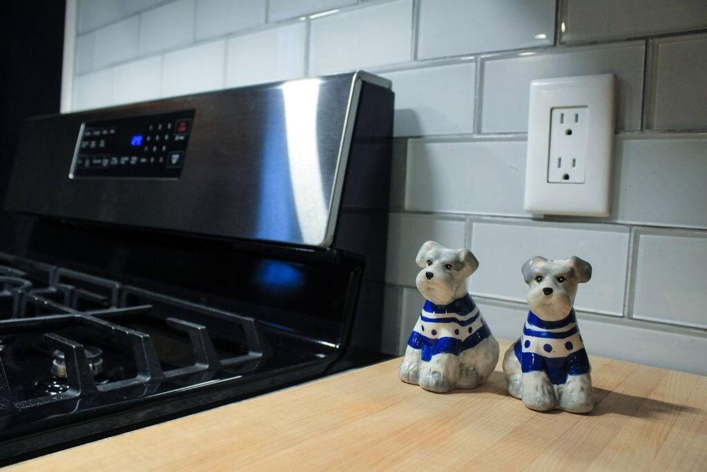 a couple of dogs sitting on a counter next to a stove at Dartt's Park Flat in Owatonna