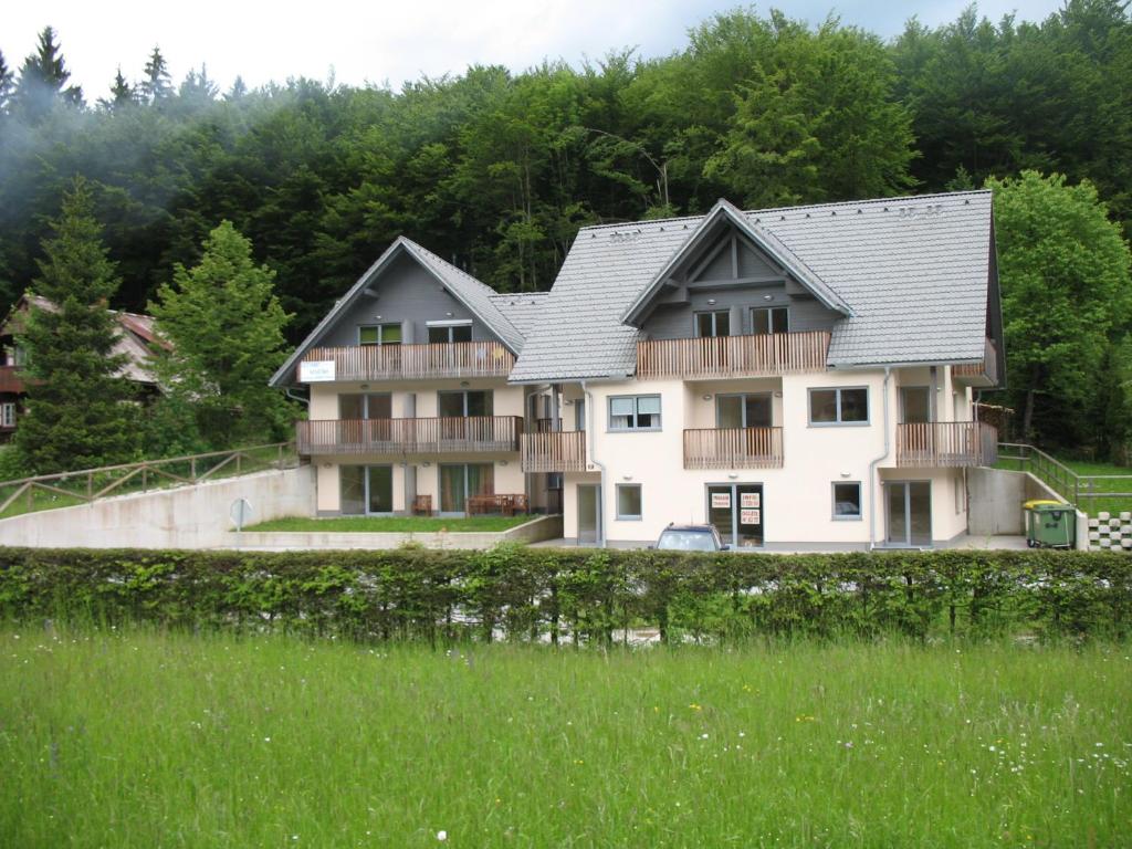 een groot wit huis met een zwart dak bij Apartma Jeglic in Bohinj