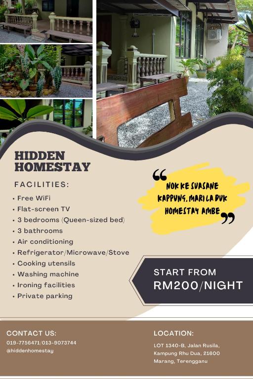 a collage of four pictures of a flyer with a bench at Hidden Homestay in Marang