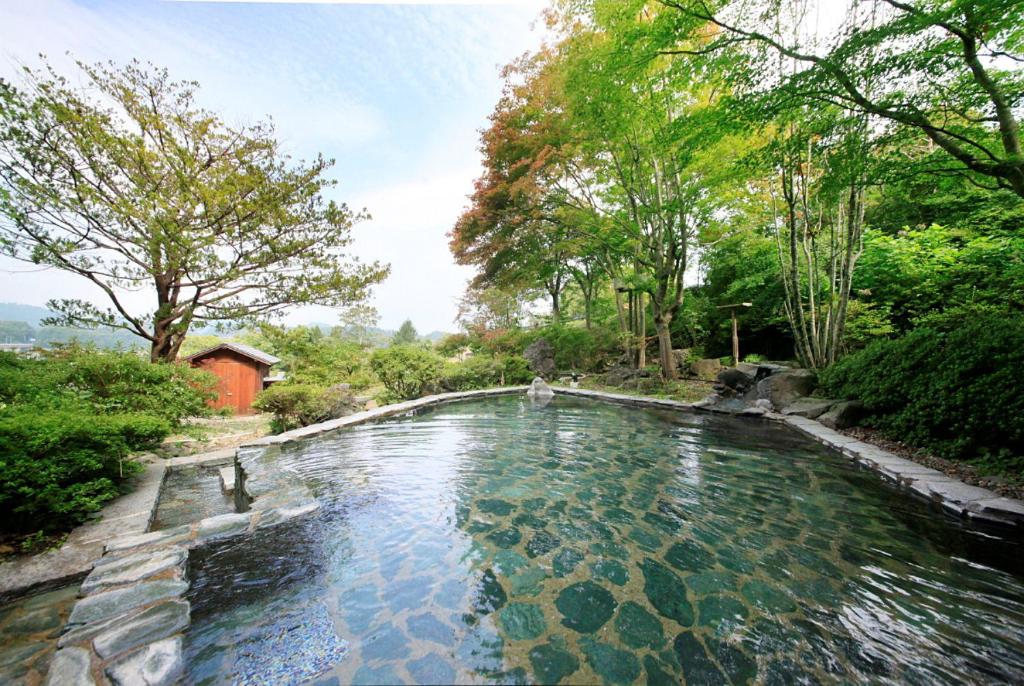 盛岡市にある湯守ホテル大観の木の植わる庭の水のプール