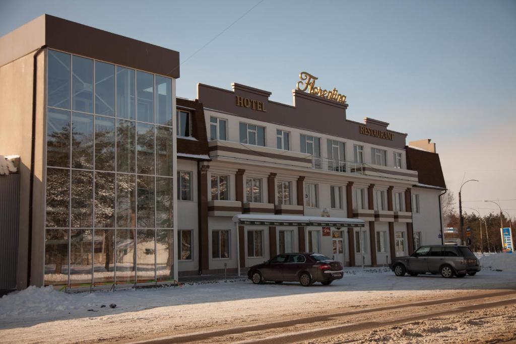 a building with two cars parked in front of it at Florentina Hotel in Edineţ