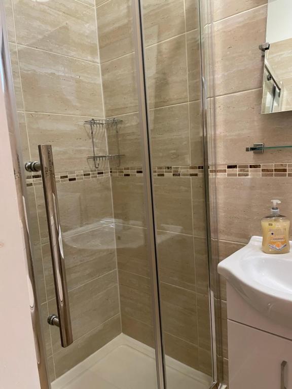 a shower with a glass door next to a sink at The Sandrock in Clacton-on-Sea