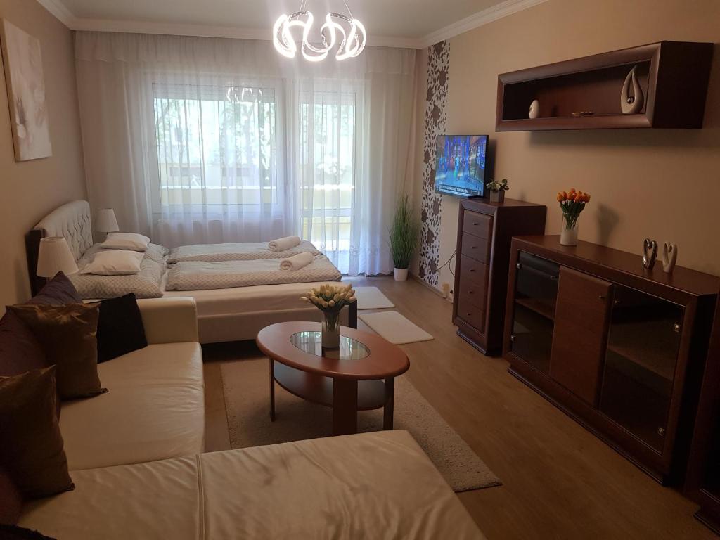 een woonkamer met een bank en een tv bij Jókai Apartman Szarvas in Szarvas