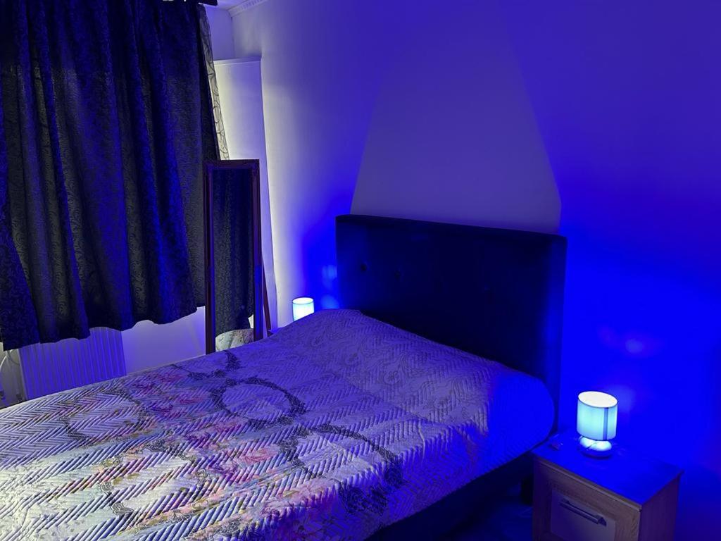 ein blaues Schlafzimmer mit einem Bett mit einer lila Decke in der Unterkunft B&B Iulius in Cluj-Napoca