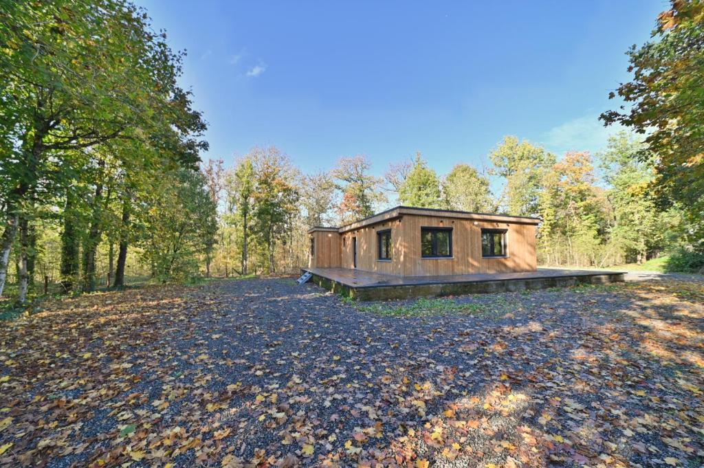 une cabane en bois au milieu d'une forêt dans l'établissement Chalet des Bois, à Durbuy