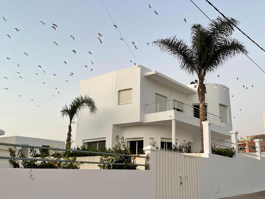 um bando de pássaros voando sobre uma casa branca em Villa à 2 pas de la plage - 4 chambres em Imsouane