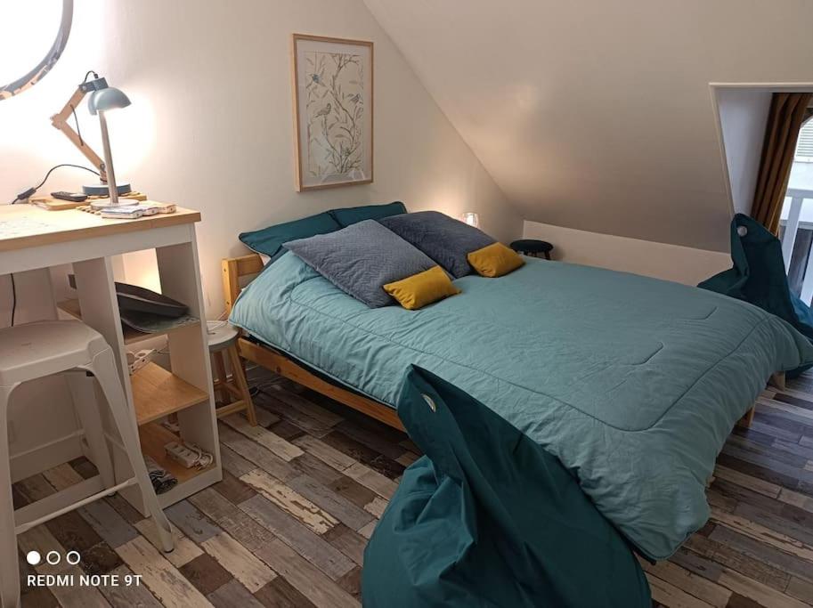 Een bed of bedden in een kamer bij Magnifique Studio Climatisation Wifi Tout confort, vélos en option, Centre ville Parking privé Jardin