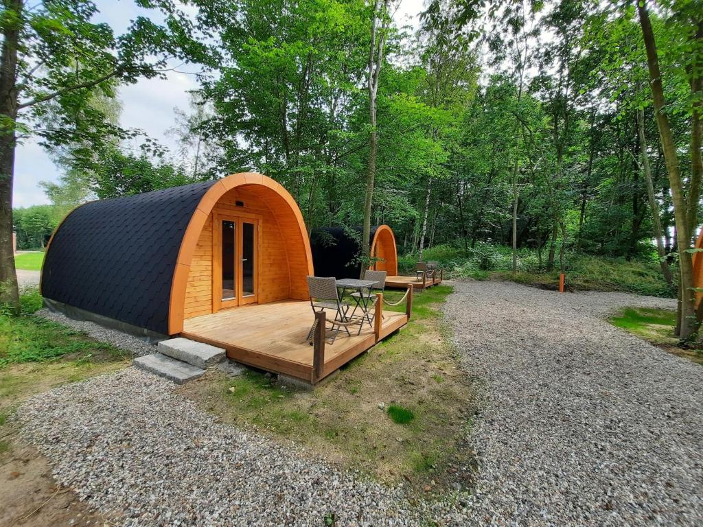 une petite tente en forme de dôme avec une table et des chaises dans l'établissement 32 Familien Premium Pods, à Silberstedt