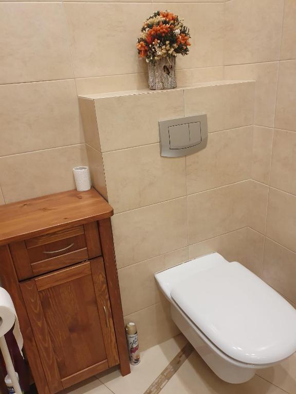 łazienka z toaletą i wazonem z kwiatami w obiekcie Apartamenty Przytulny - Pod Aniołem w Kazimierzu Dolnym