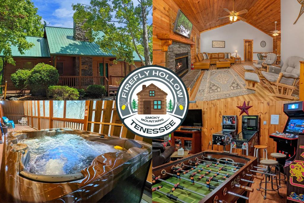 a log home with a pool and a game room at Firefly Hollow Cabin - Smoky Mountains - Soaky Mountain Water Park - Sevierville Convention Center in Pigeon Forge
