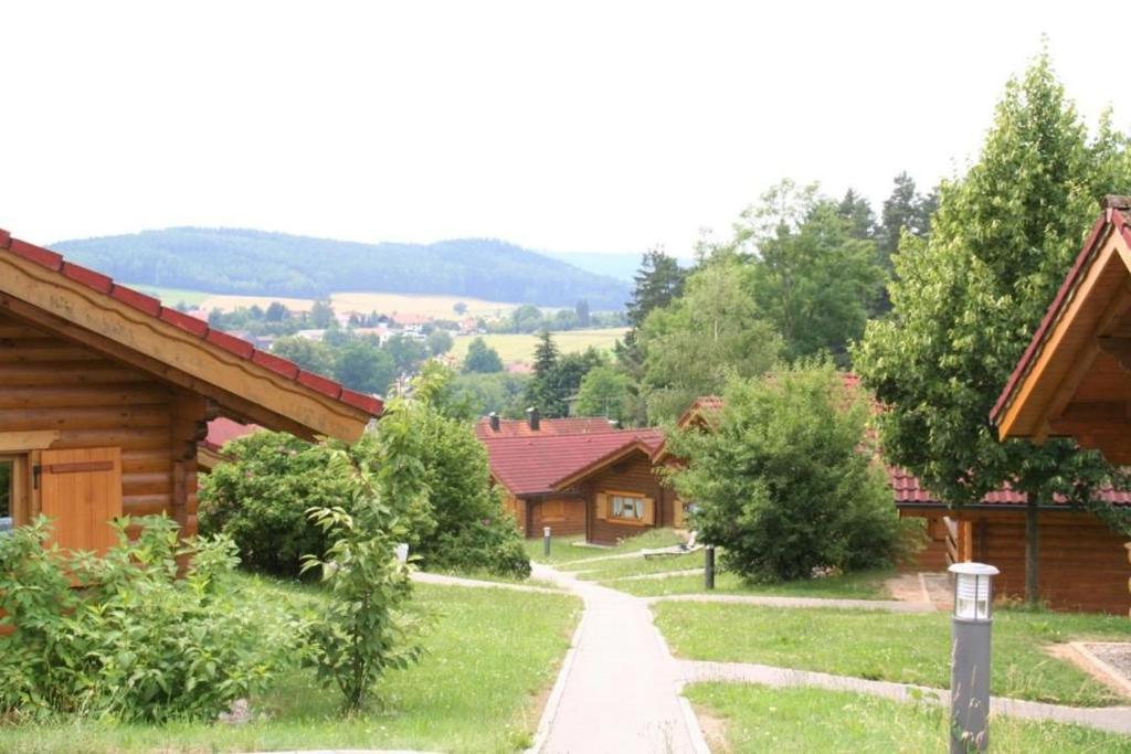 a path between two wooden houses in a village at Naturerlebnisdorf Stamsried 2 in Stamsried