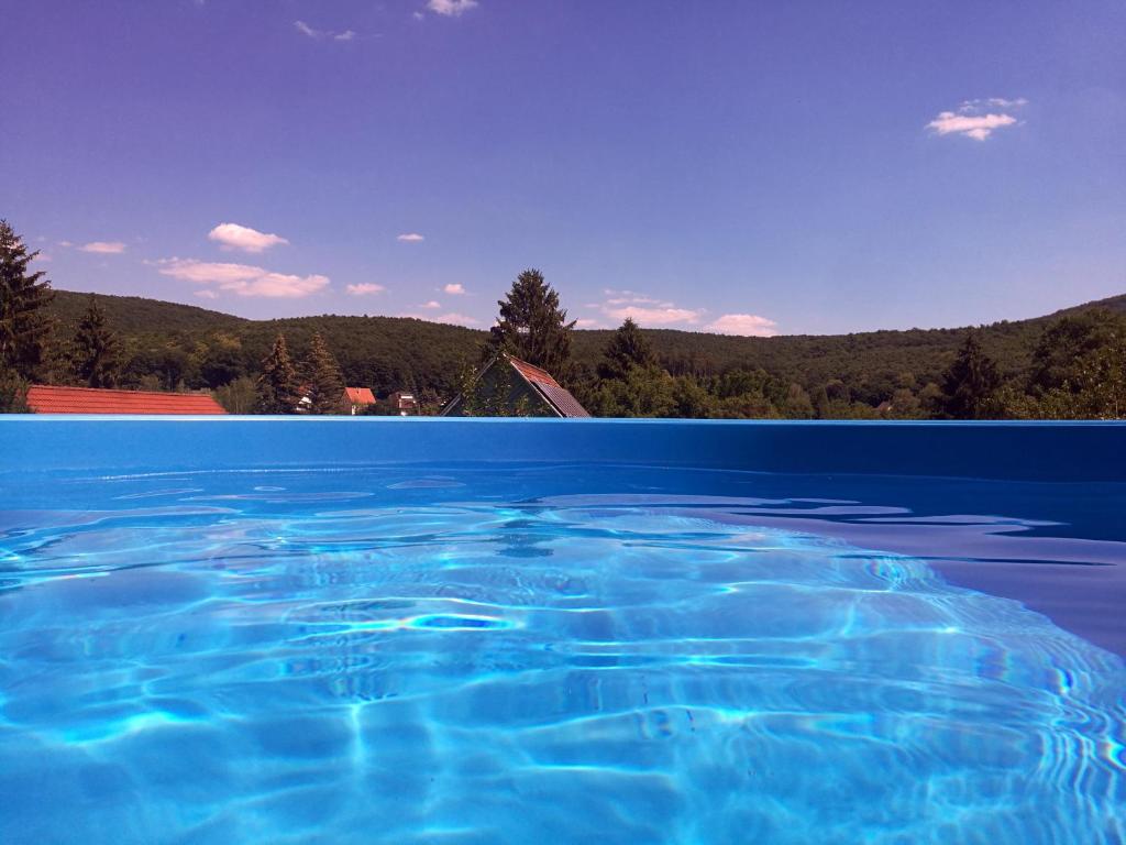 uma piscina de água azul com montanhas ao fundo em Jucus Vendégház em Zebegény