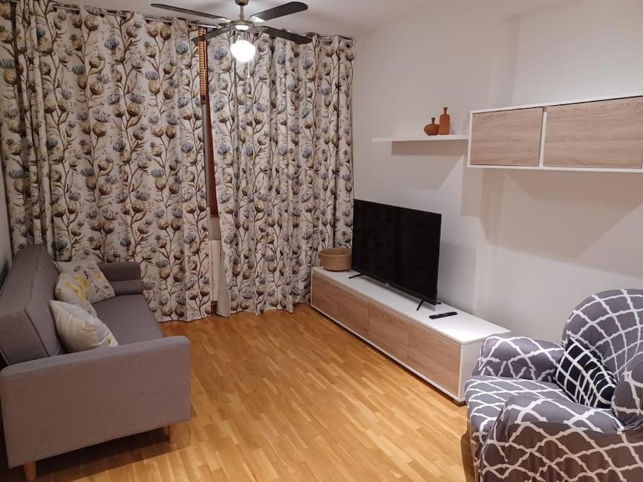 uma sala de estar com um sofá e uma televisão de ecrã plano em Reformado, cómodo y funcional en Medina del Campo em Medina del Campo