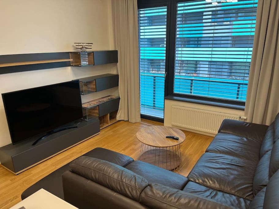 a living room with a leather couch and a television at Apartman Holesovice,balkon,garaz in Prague