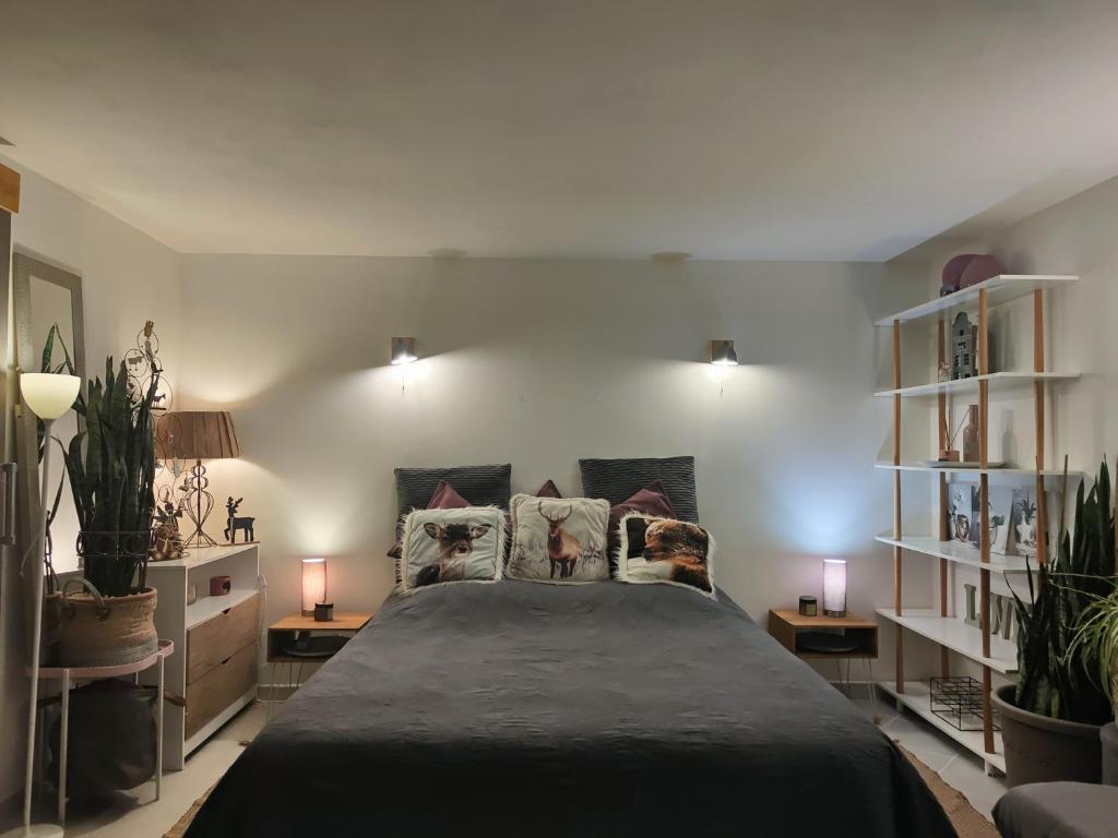 - une chambre dotée d'un grand lit avec deux lampes et des plantes dans l'établissement 35m2 Hauts d'Albertville Terrasse avec Vue, à Pallud
