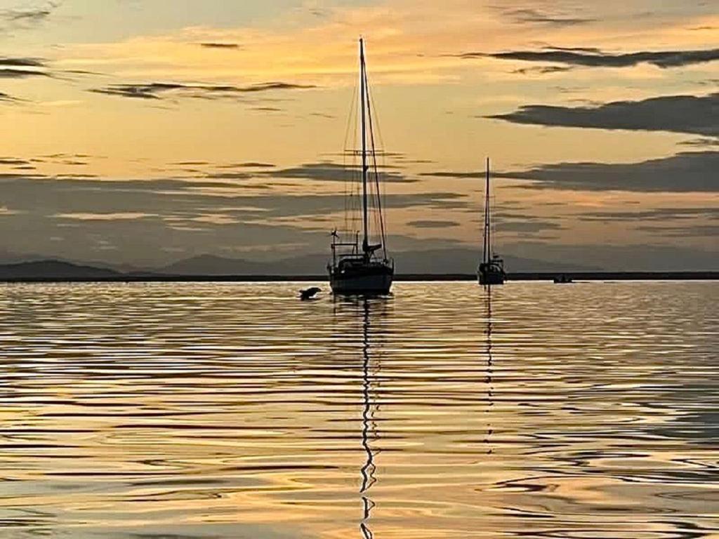 twee zeilboten zitten in het water bij zonsondergang bij Villa AMAYA in Bocas del Toro