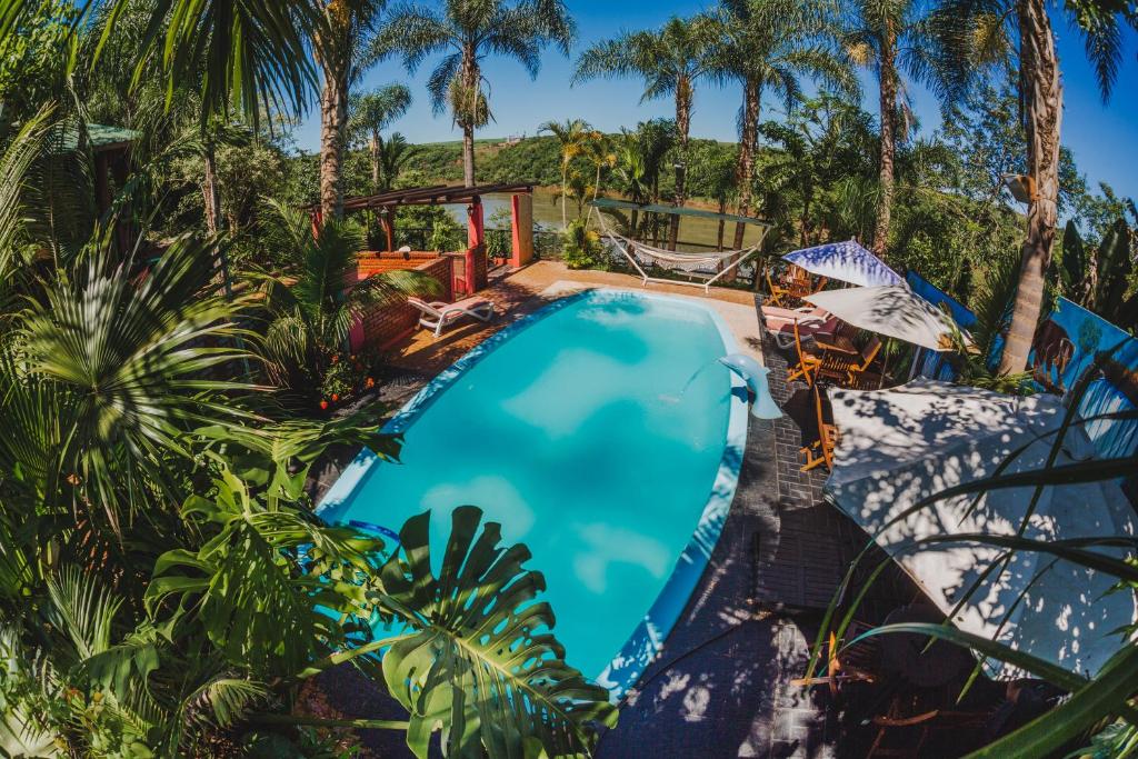 uma vista sobre uma piscina com palmeiras em Cabañas Riberas del Paraná em Puerto Iguazú